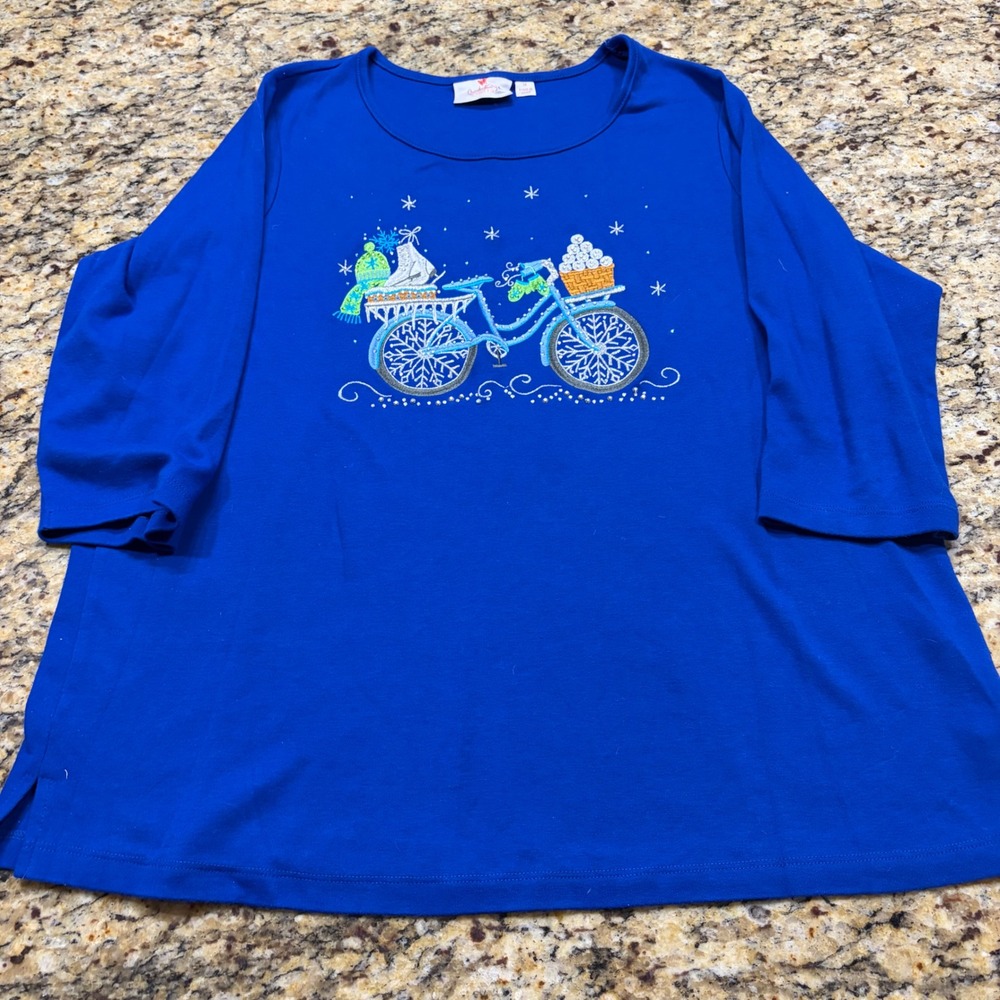 Quacker Factory Royal Blue Winter Bicycle Rhinestone Top Plus 1X 3/4 Sleeve